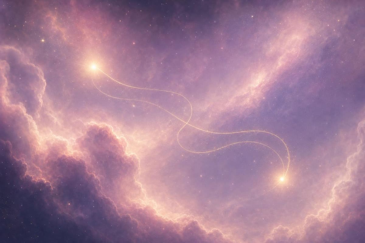 Two soft points of light connected by a thin gold thread across drifting violet mist.