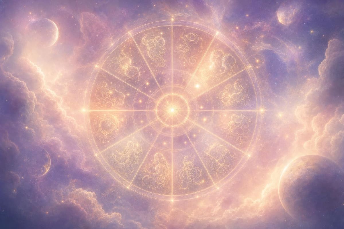 Abstract cosmic illustration in blush pink, lavender, and gold, with soft nebula mist and fine gold linework tracing twelve overlapping arcs of light, no text or labels
