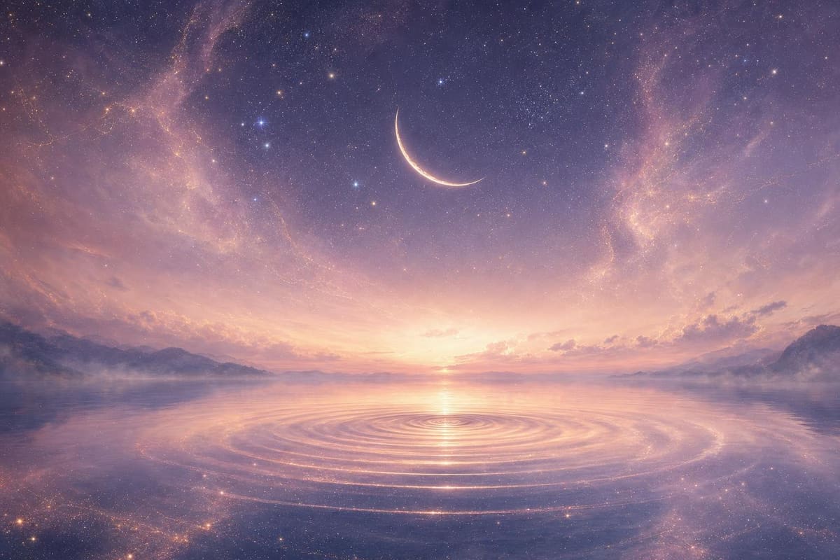 Blush-pink and lavender nebula clouds drift through a starlit sky, traced with fine gold linework.