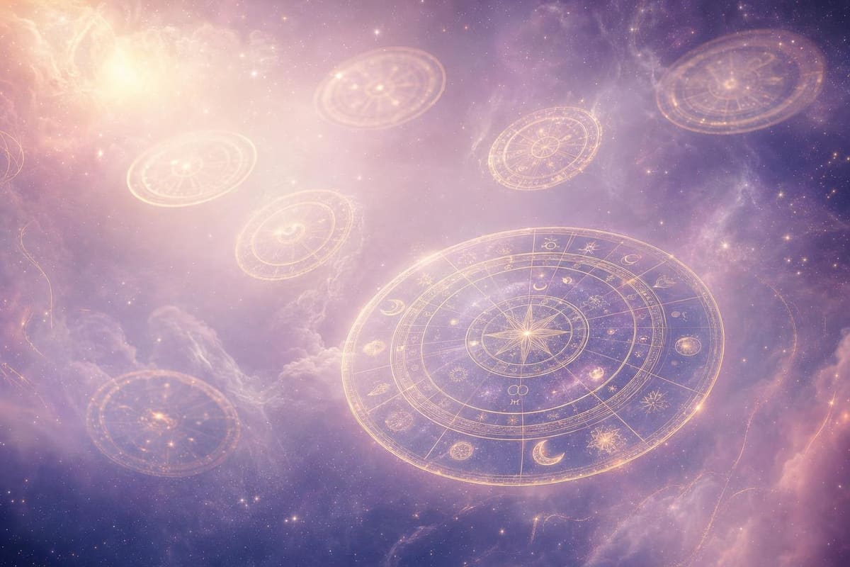 Several translucent chart wheels floating at different depths in lavender mist, one in sharper focus than the others.