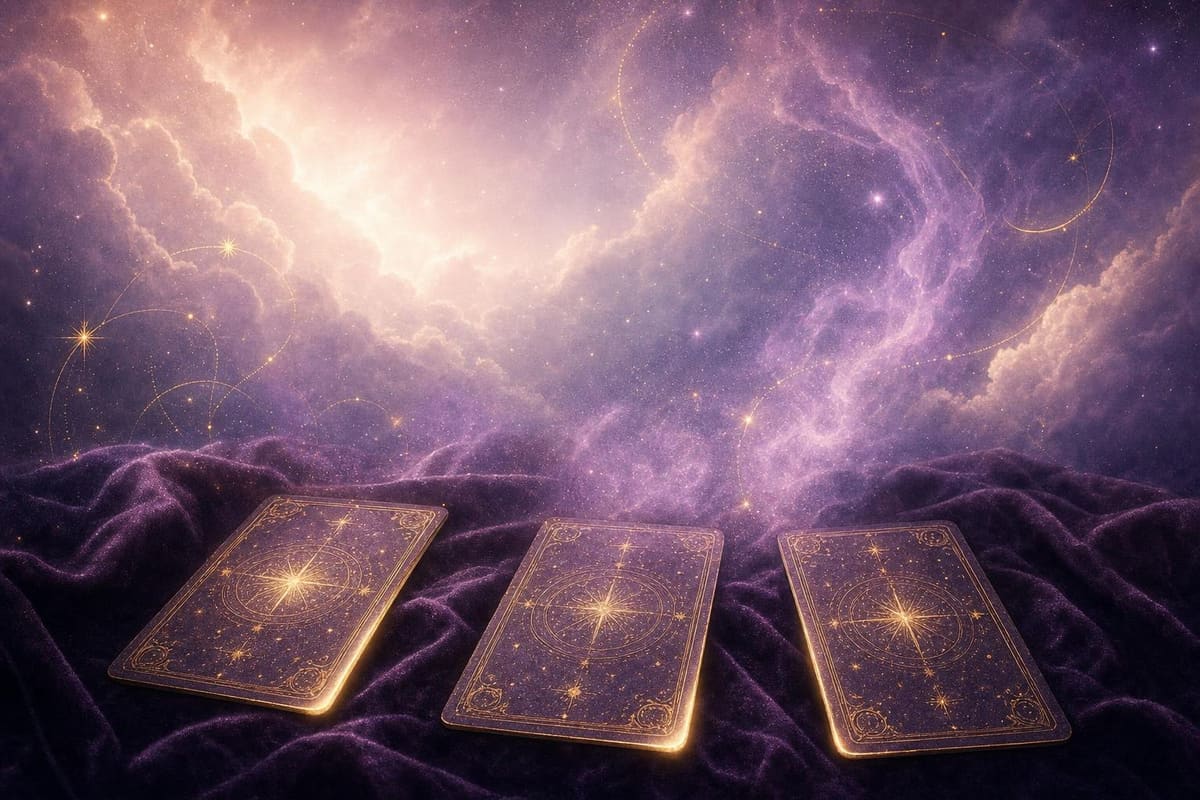 Three cards face down on dark velvet, edges catching warm gold light, violet mist drifting above.