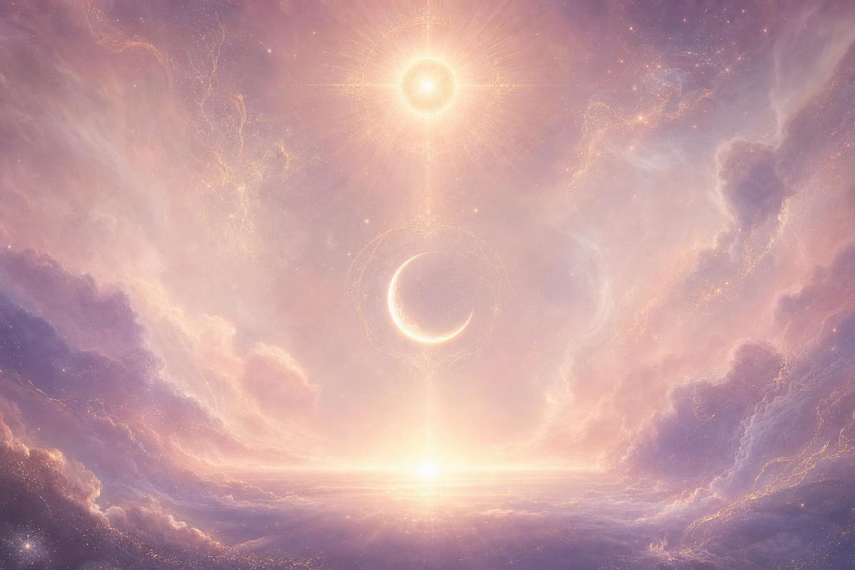 Abstract cosmic illustration in blush pink, lavender, and gold, with soft nebula mist and scattered stars forming three overlapping points of light, no text or labels