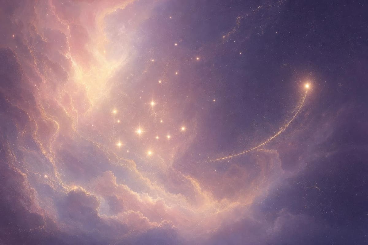 A constellation of small lights scattered across deep lavender, one drifting away from the cluster.