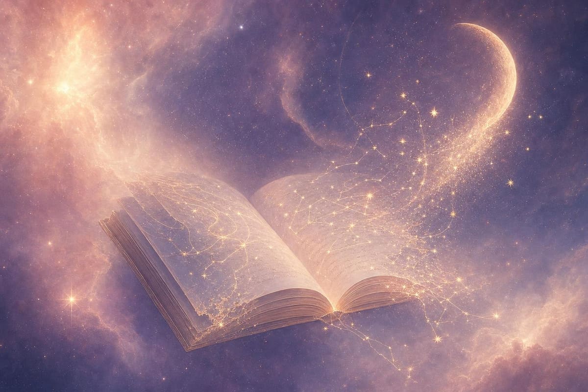 Abstract cosmic illustration in blush pink, lavender, and gold: soft nebula mist, scattered stars, and fine gold linework.