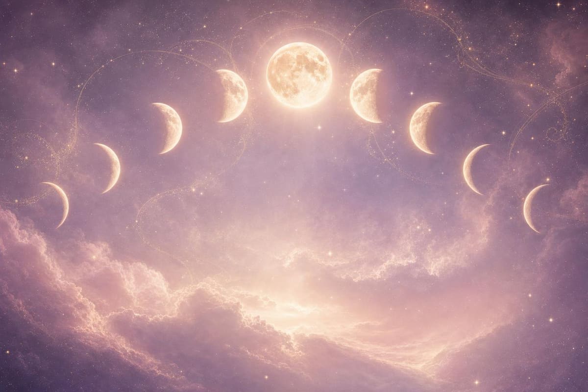Soft nebula mist in blush pink and lavender spreads across a star-scattered sky, lined with fine gold detail.