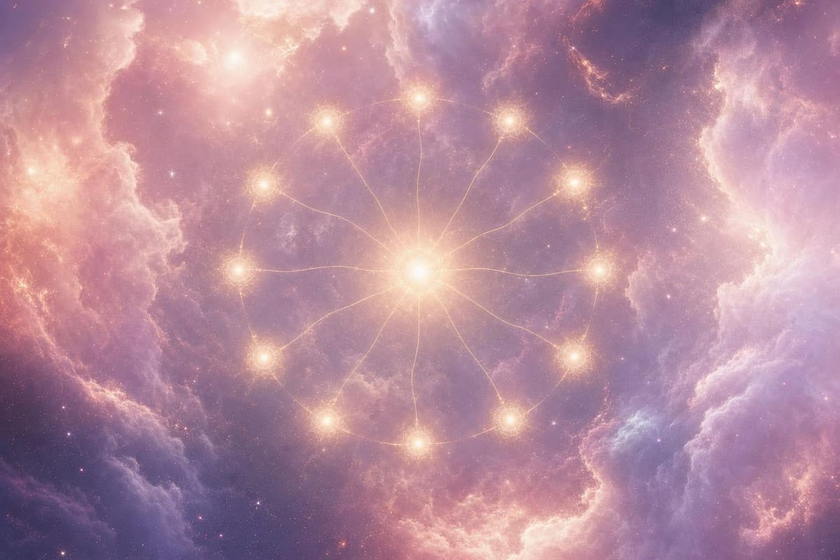 A soft nebula in blush pink and lavender, laced with fine gold linework and a scatter of stars. No text, no diagrams.
