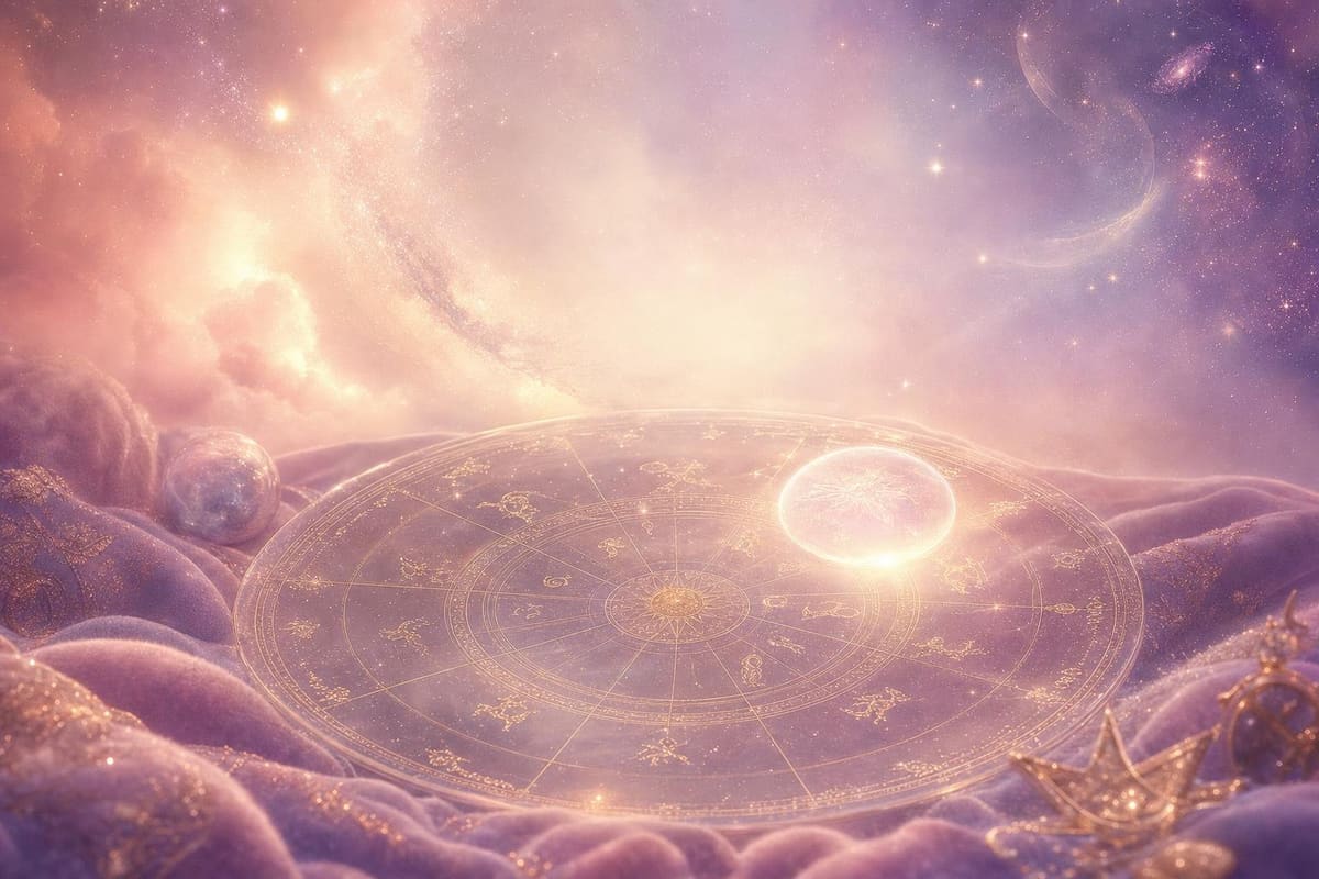 Abstract cosmic illustration in blush pink, lavender, and gold, with soft nebula mist and fine gold linework arcing in a loose circular pattern, no text or labels