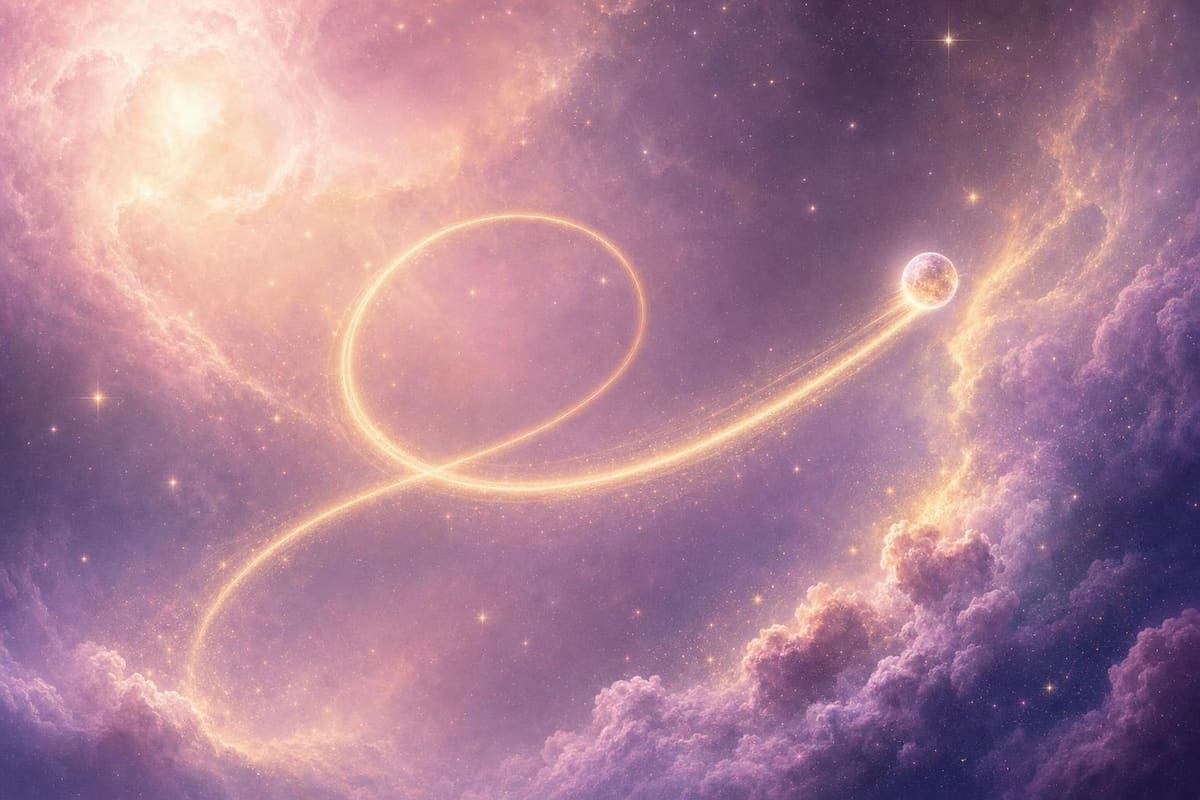 Soft nebula mist in blush pink and lavender drifts across a star field, laced with fine gold linework.