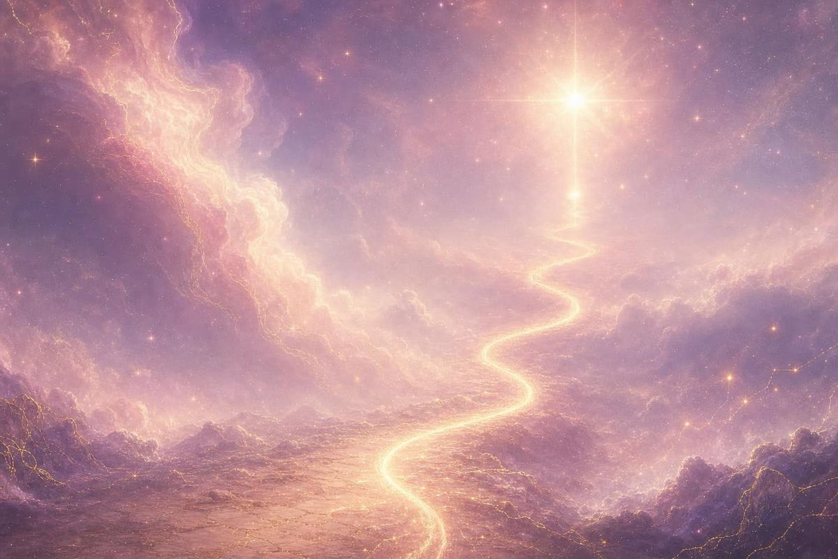 Abstract cosmic illustration in blush pink, lavender, and gold: soft nebula mist, star fields, and fine gold linework.