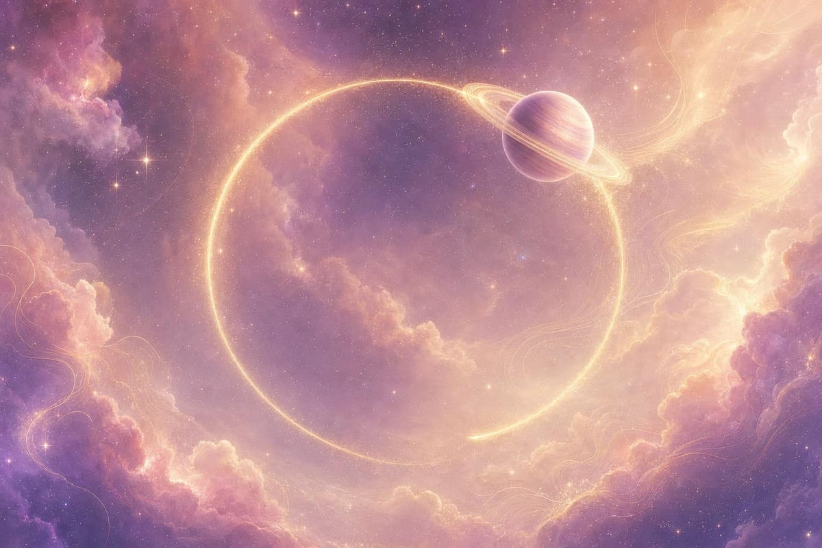 A blush-pink and lavender nebula glows against a deep star field, edged in fine gold linework.