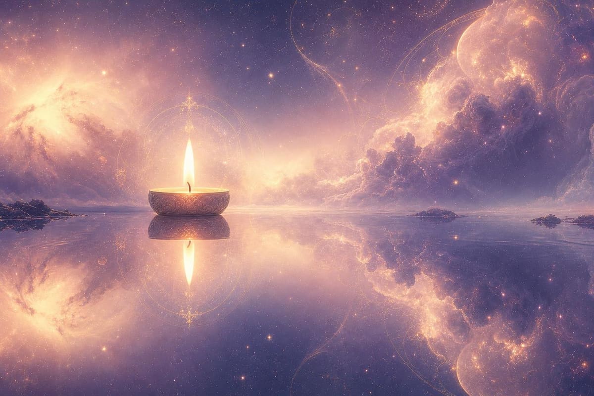 A single fine gold thread winding through drifting blush-pink and lavender nebula mist, scattered with distant stars, soft and abstract.