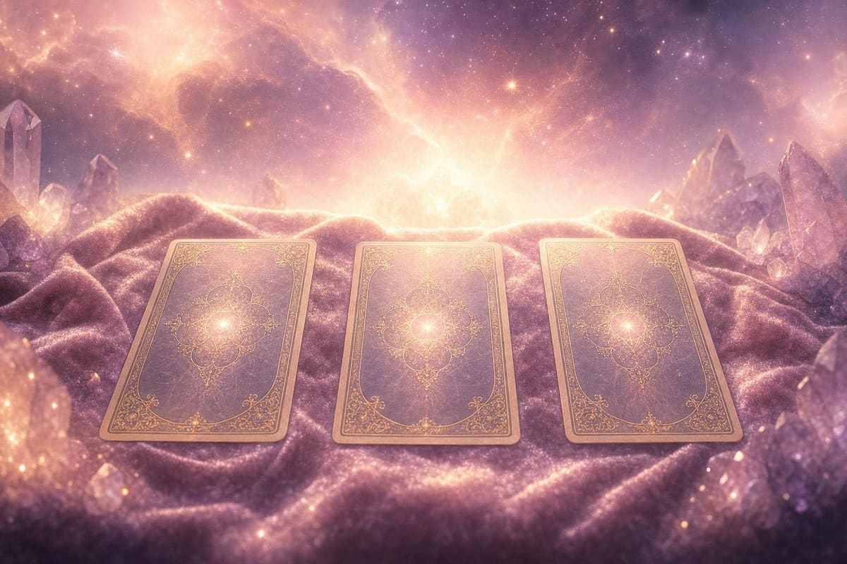 Abstract cosmic illustration in blush pink, lavender, and gold: soft nebula mist, scattered starlight, and fine gold linework.
