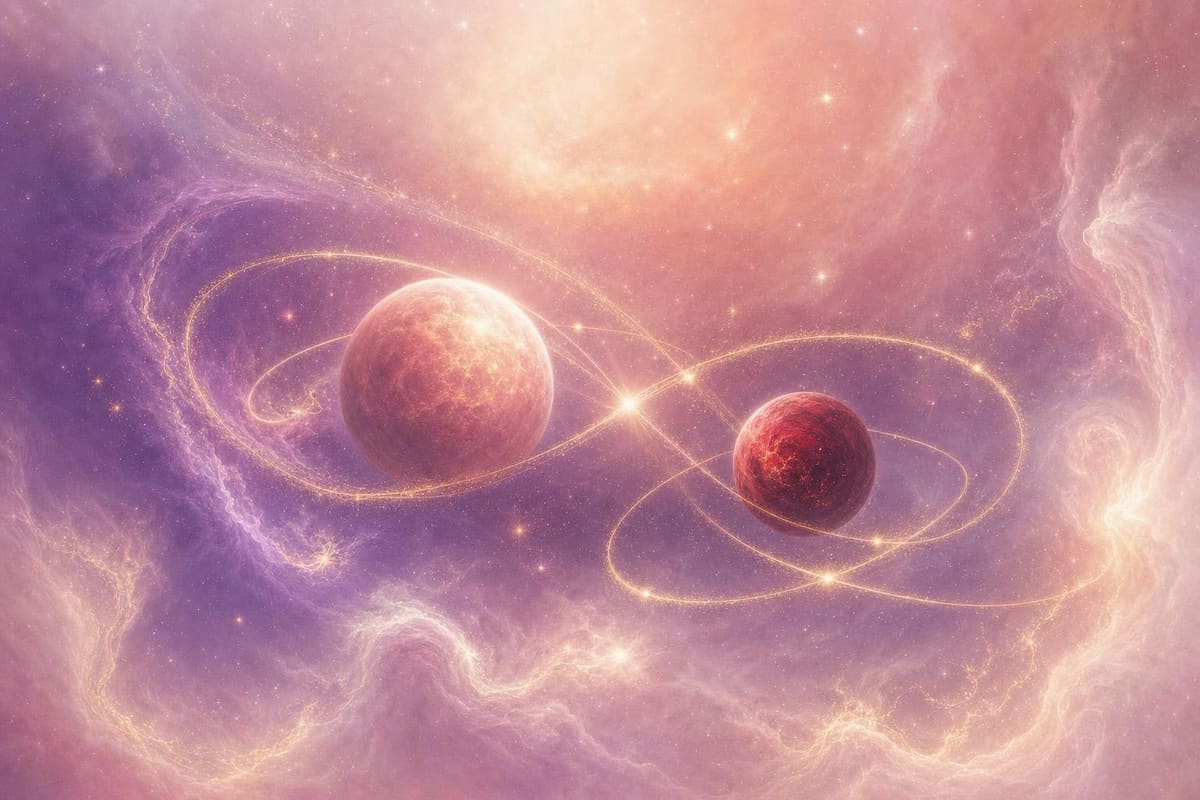 Two soft currents of gold light drifting toward each other through blush-pink and lavender nebula mist, not quite touching, framed by scattered stars.
