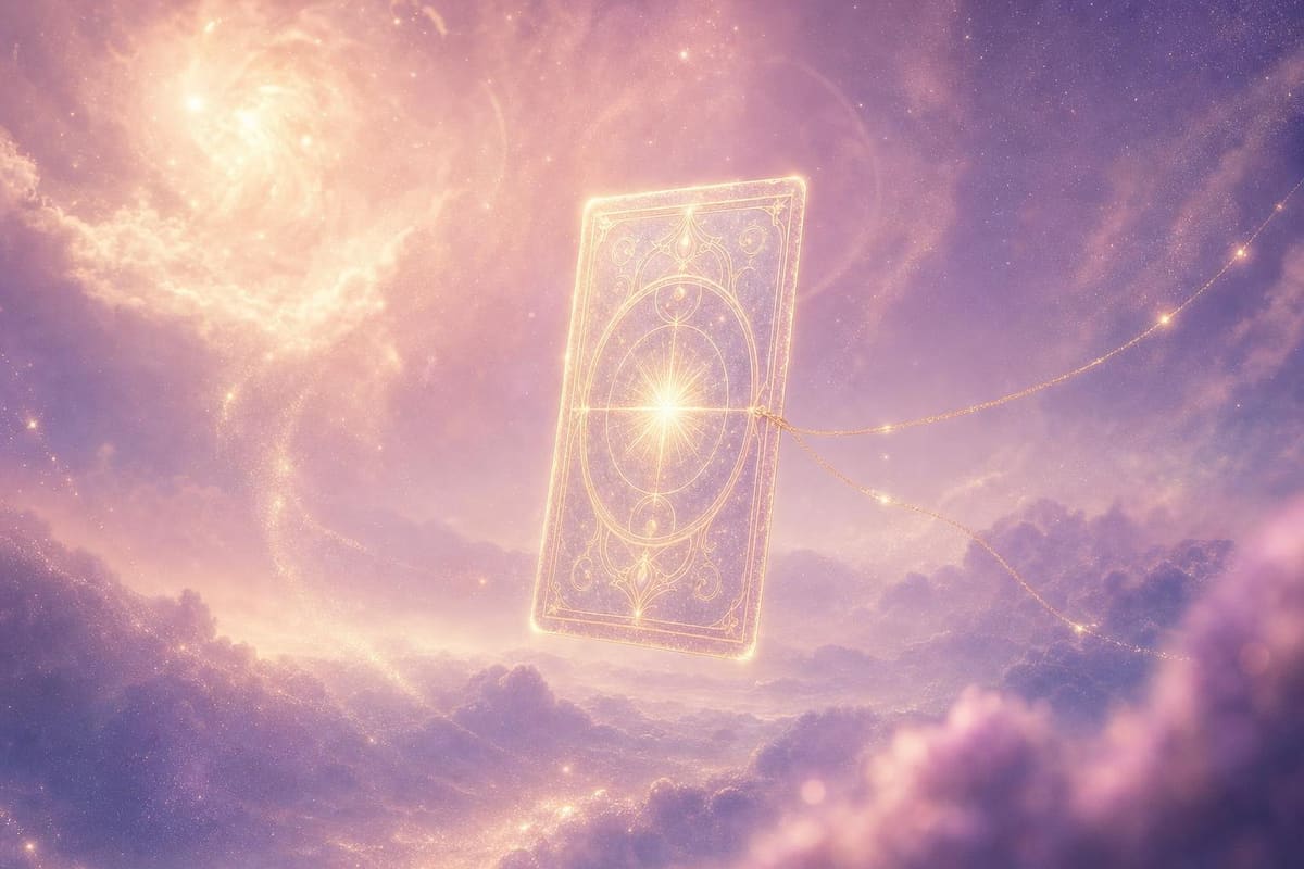 A single glowing card suspended in lavender mist, a fine gold thread trailing off the edge of the frame.