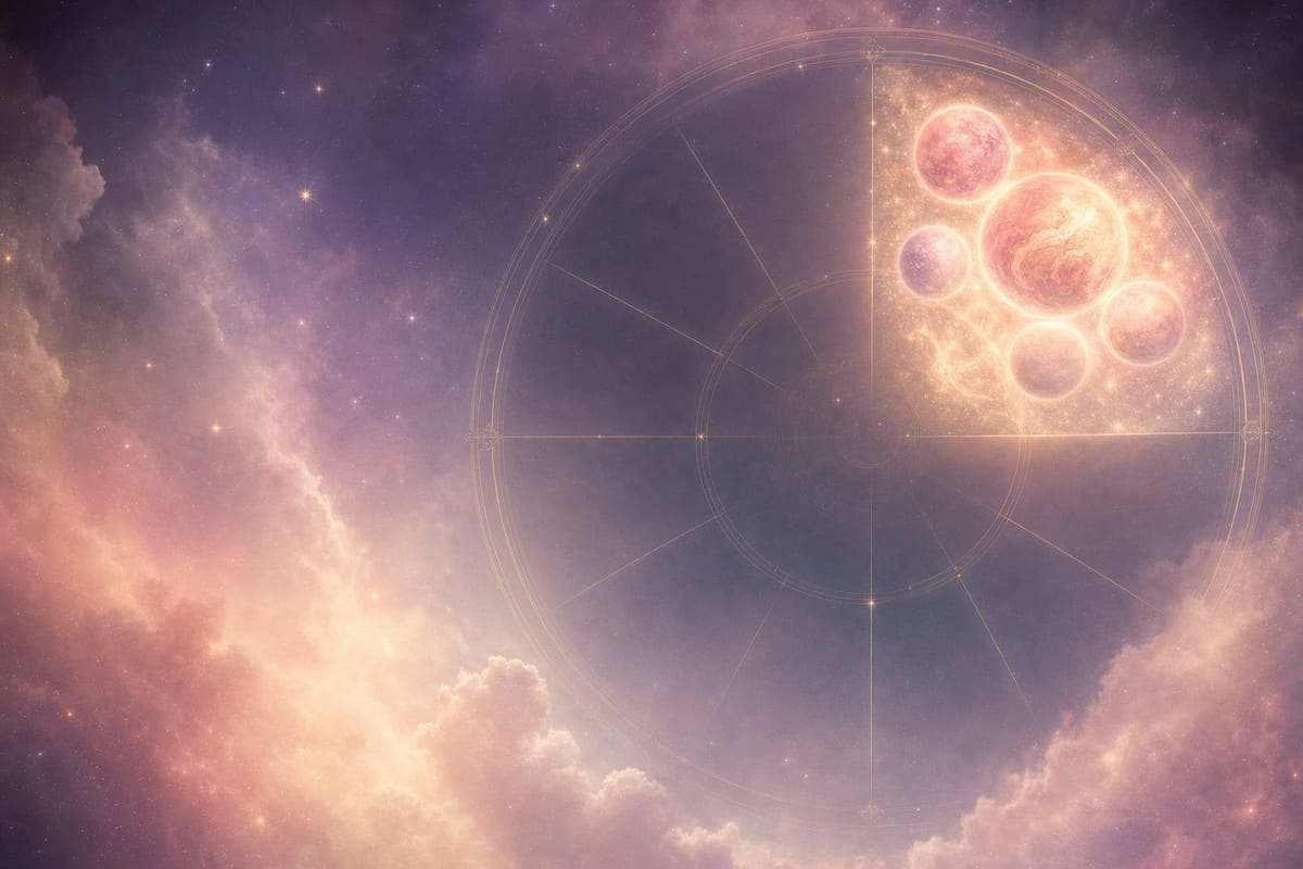 Abstract cosmic illustration in blush pink, lavender, and gold, with soft nebula mist and fine gold linework converging into one dense cluster of light, no text or labels