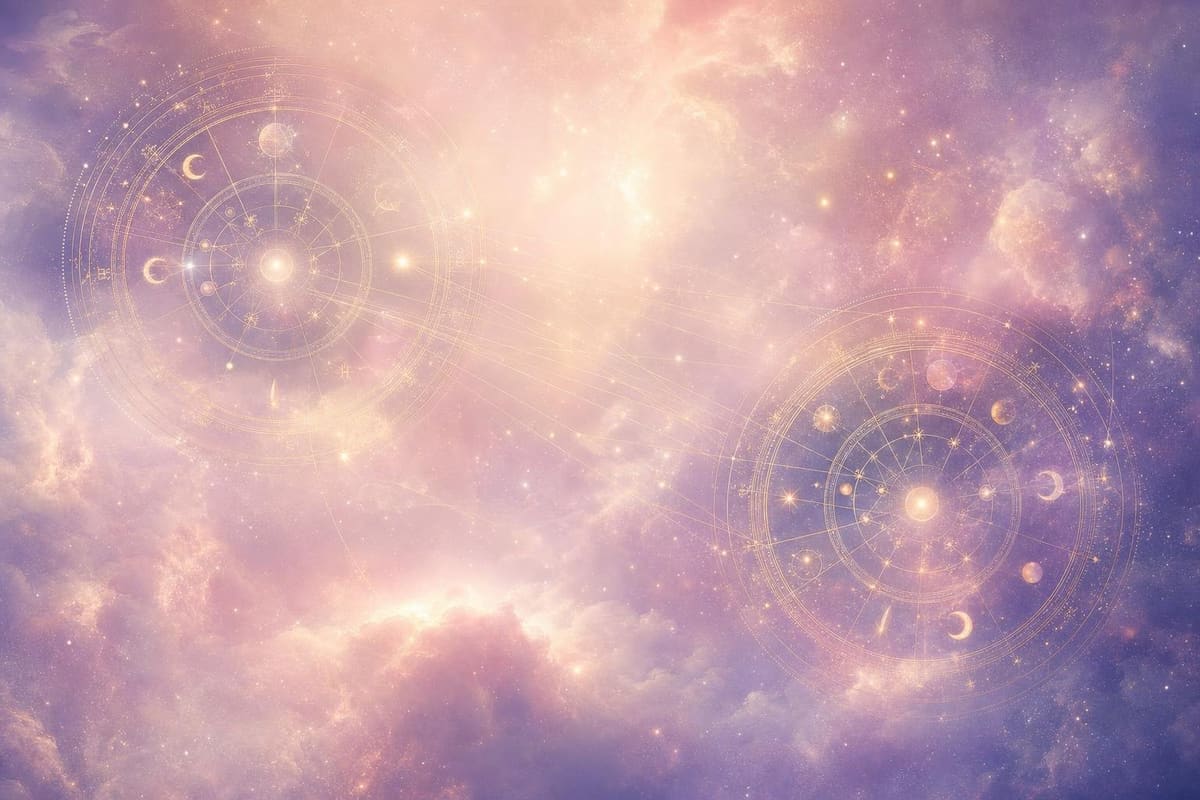 Two translucent veils of blush and lavender nebula mist overlapping, laced with fine gold threads and a scatter of stars where they meet.