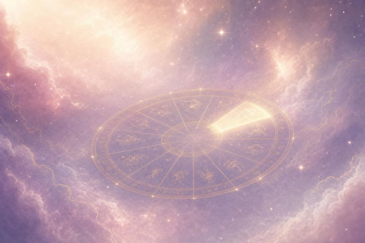 A single luminous chart wheel resting in soft lavender mist, one segment lit brighter than the rest.