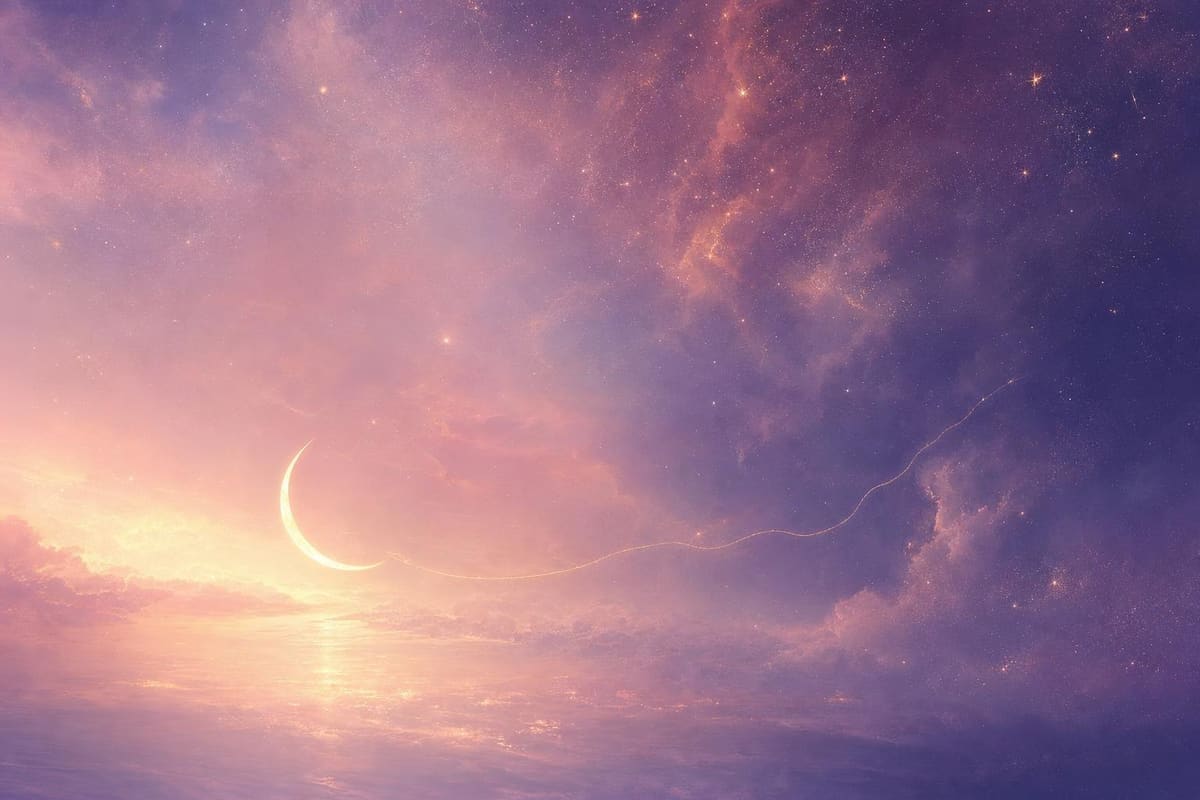 A dreamy nebula in blush pink and lavender with fine gold linework and a scatter of distant stars. No text, no labels.