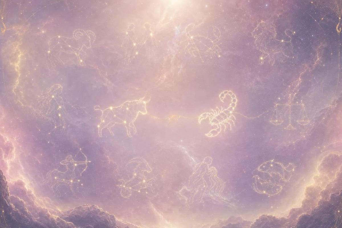Soft nebula mist in blush pink and lavender, two faint gold-lined halos drifting past each other against a scattering of distant stars.