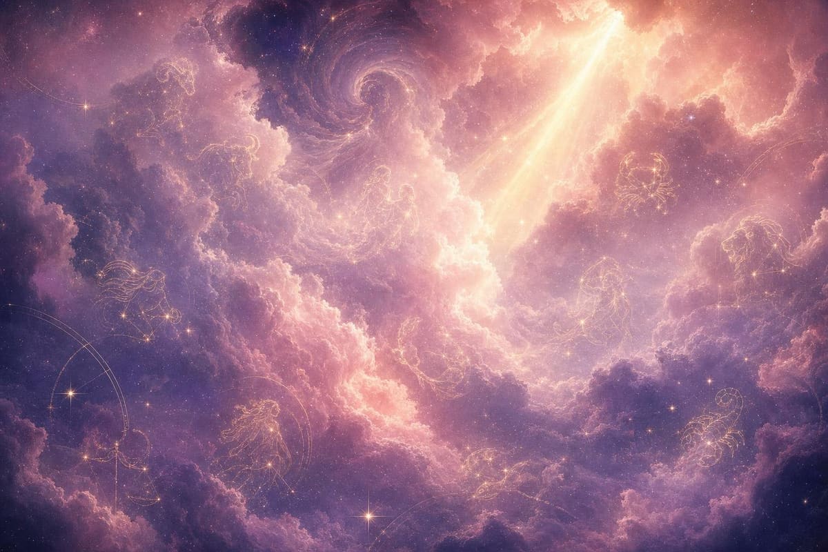 A blush-pink and lavender nebula with fine gold linework threading through a scattered starfield. No text, no symbols.